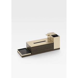 Accessories Set in greige and dark oak with Toothbrush Holder, Soap Dispenser, Soap Dish, Tissue Box Holder and Tray