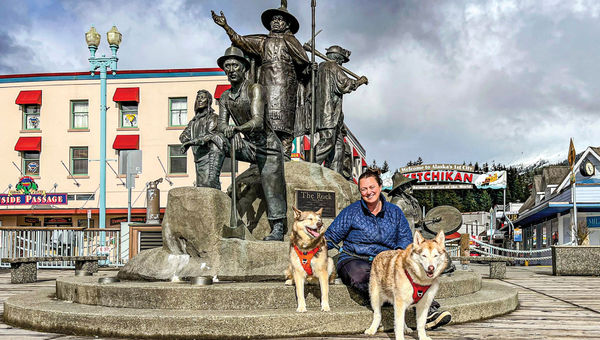 ReAnn Johnson leads Ketchikan on Foot tours with the help of her Alaskan huskies, Scarlet and Quinn.