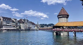 Kapellbrucke, the famous wooden footbridge spanning the Reuss River in Lucerne, Switzerland.